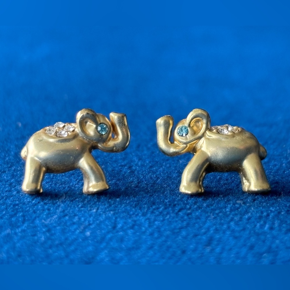 Golden Elephant Post / Stud Earrings with blue eyes